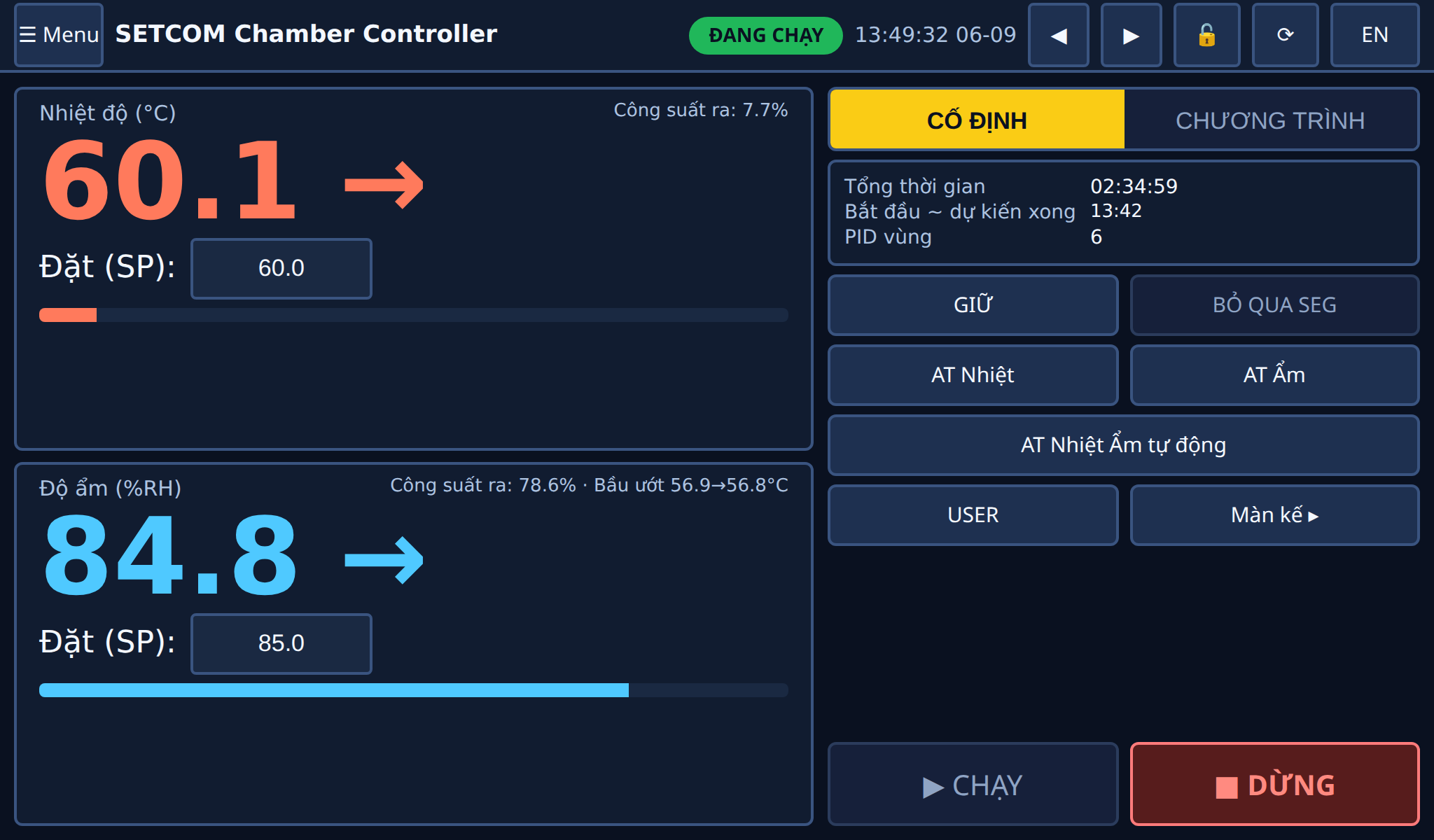 Màn hình vận hành bộ điều khiển chamber SETCOM cho tủ nhiệt độ và độ ẩm